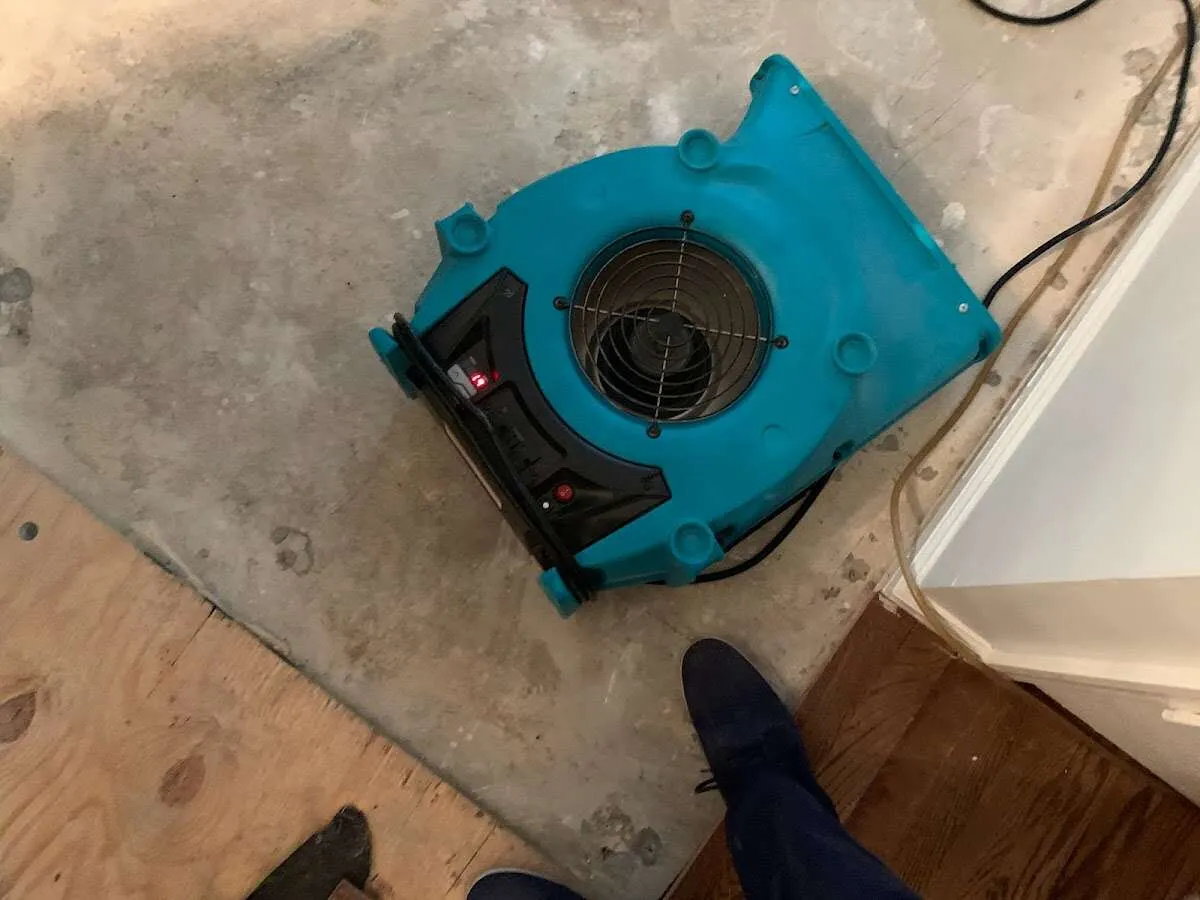 Air mover drying subfloor during Commercial Water Damage Restoration in Navasota